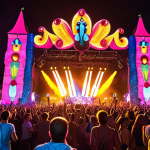 **Magical Festival Atmosphere**: Create an image depicting a vibrant music festival scene in Luxembourg, filled with colorful lights, diverse decorations, and a lively crowd enjoying various music genres. Capture the essence of excitement and energy among festival-goers as they celebrate together.
