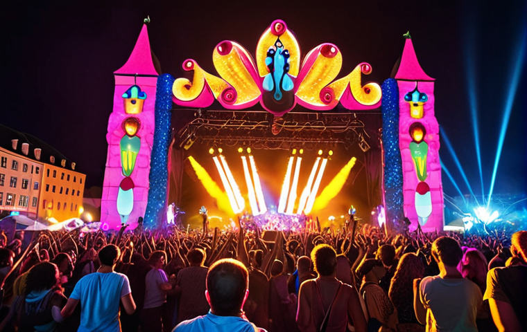 **Magical Festival Atmosphere**: Create an image depicting a vibrant music festival scene in Luxembourg, filled with colorful lights, diverse decorations, and a lively crowd enjoying various music genres. Capture the essence of excitement and energy among festival-goers as they celebrate together.