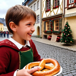 **"Bretzelsonndeg" tradition in Luxembourg: A young boy happily handing a pretzel ("Bretzel") to a girl in a charming village square. Background includes traditional Luxembourgish architecture and a festive atmosphere. Focus on the emotion and cultural significance.**