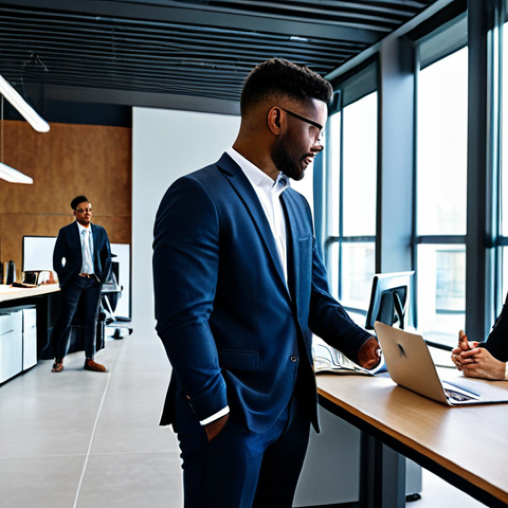 A group of diverse professionals, fully clothed in modern business attire, in a bright, contemporary open-plan office space. Several individuals are engaged in a collaborative discussion, while others are working at their desks, suggesting a dynamic cross-border work environment. The scene emphasizes collaboration and economic activity. safe for work, appropriate content, modest clothing, professional dress, perfect anatomy, correct proportions, natural pose, well-formed hands, proper finger count, natural body proportions, professional photography, high quality.