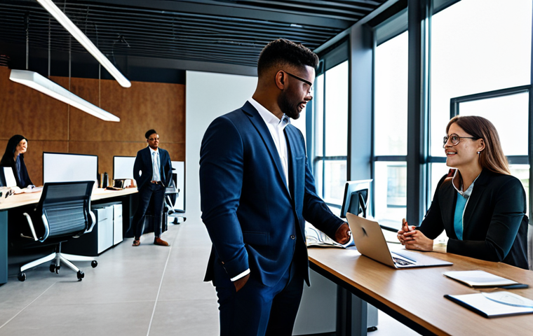 A group of diverse professionals, fully clothed in modern business attire, in a bright, contemporary open-plan office space. Several individuals are engaged in a collaborative discussion, while others are working at their desks, suggesting a dynamic cross-border work environment. The scene emphasizes collaboration and economic activity. safe for work, appropriate content, modest clothing, professional dress, perfect anatomy, correct proportions, natural pose, well-formed hands, proper finger count, natural body proportions, professional photography, high quality.